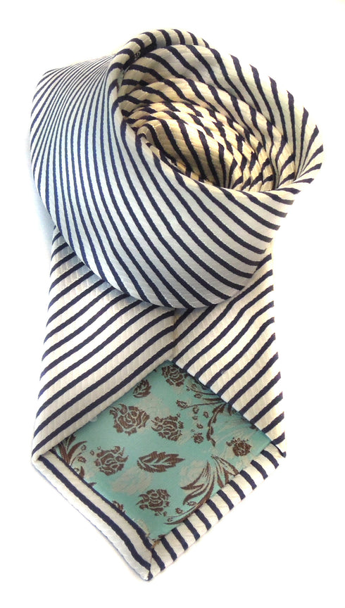 blue and white striped tie