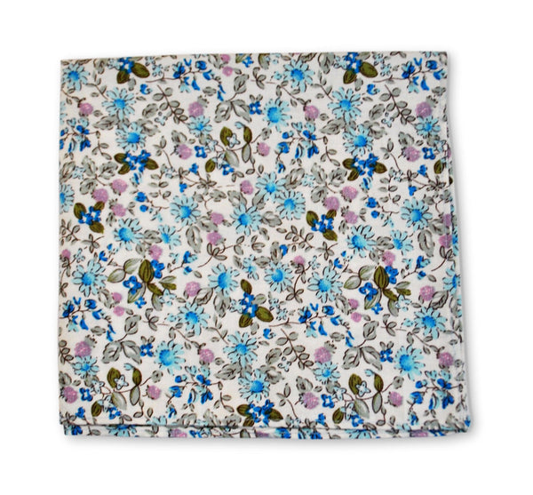ivory and blue floral cotton pocket square