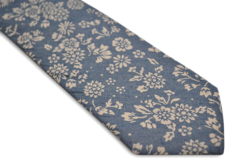 medium blue and white flower design 100% cotton tie