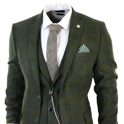 STZ71 - Men's 3 Piece Suit Wool Tweed Green Blue Brown Check 1920s Gatsby Formal Dress Suits