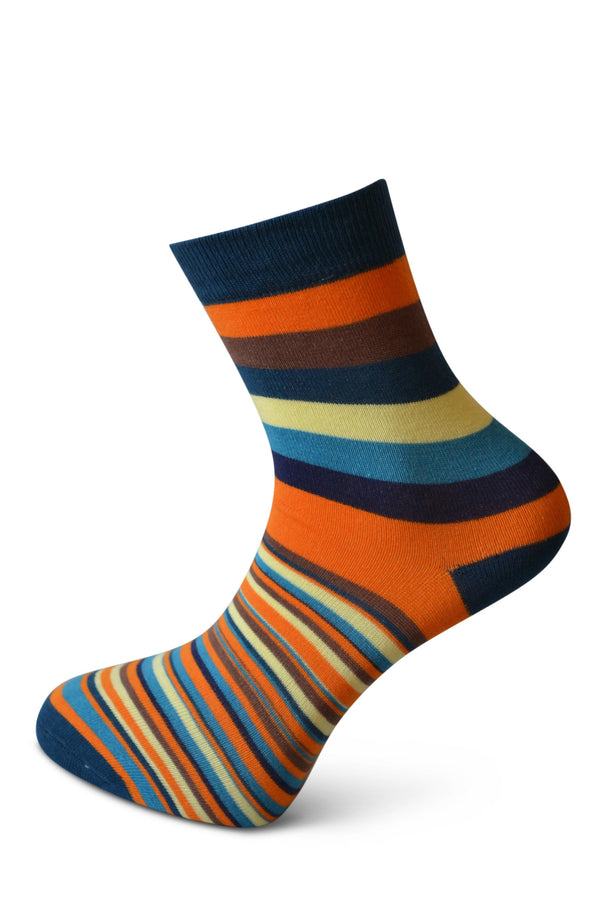 orange, yellow and navy blue striped men's socks