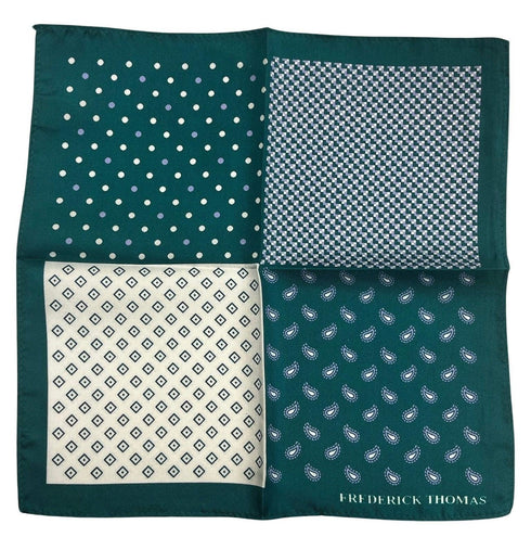 emerald green four square patterned 100% silk pocket square