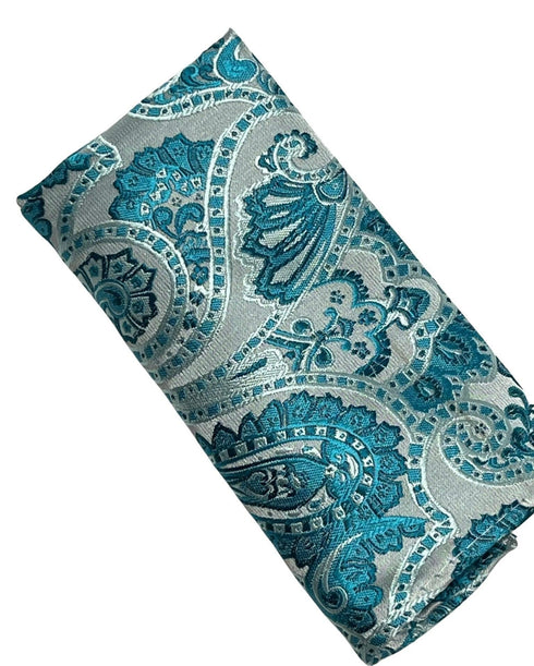 turquoise teal blue paisley pocket square 100% silk