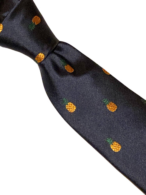 navy tie with pineapple embroidered design