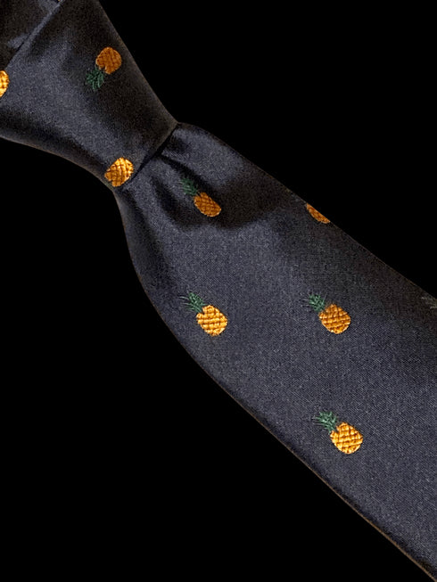 navy tie with pineapple embroidered design