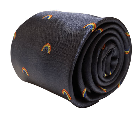 navy tie with embroidered rainbow design