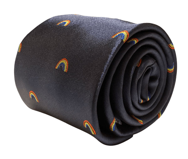 navy tie with embroidered rainbow design