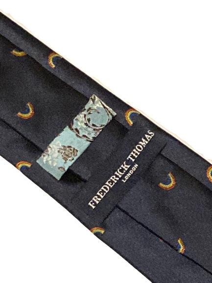 navy tie with embroidered rainbow design