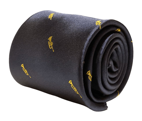 navy tie with embroidered trumpet design