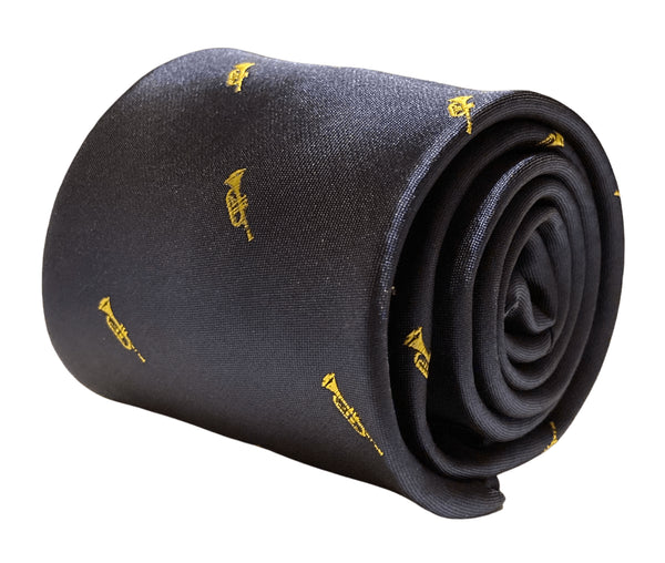 navy tie with embroidered trumpet design