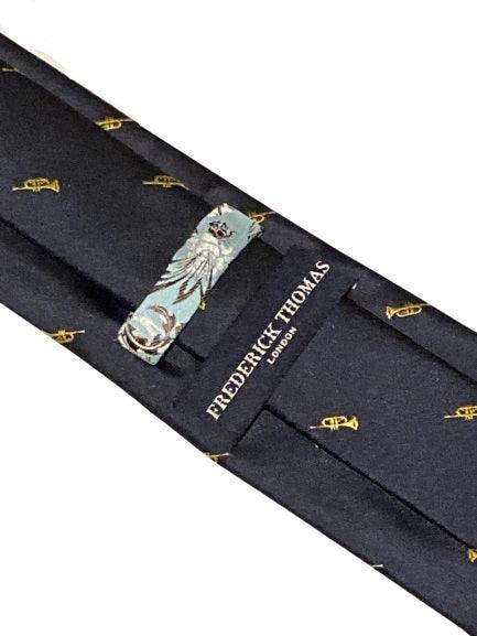 navy tie with embroidered trumpet design