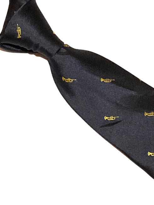 navy tie with embroidered trumpet design