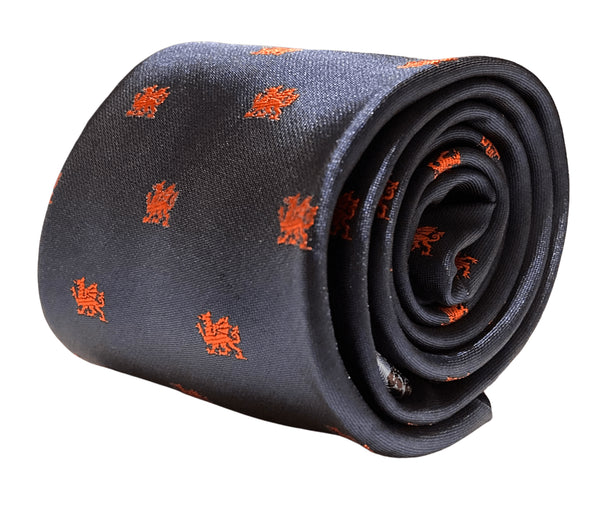 navy tie with embroidered red Welsh dragon design