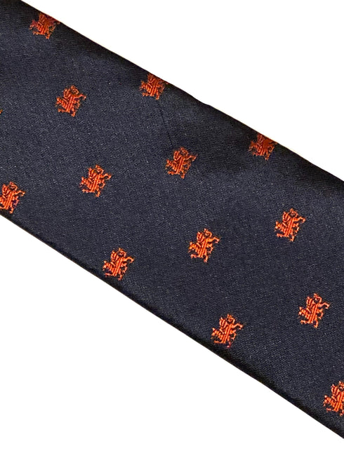 navy tie with embroidered red Welsh dragon design