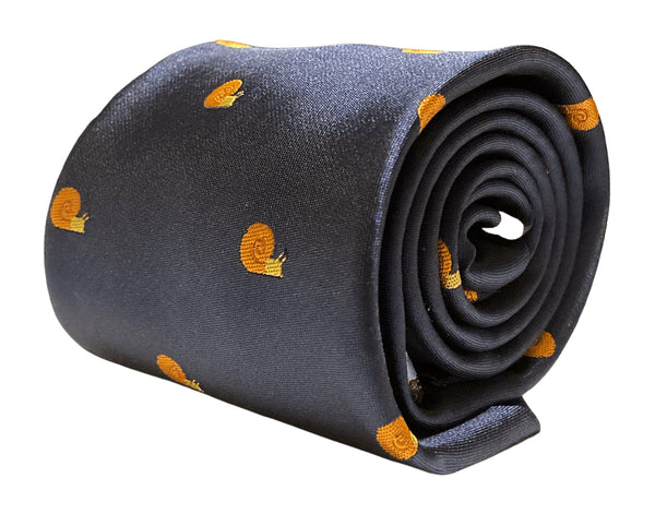 navy tie with embroidered snail design
