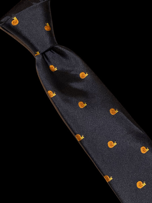 navy tie with embroidered snail design