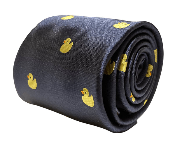 navy tie with embroidered yellow rubber duck design