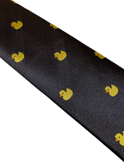 navy tie with embroidered yellow rubber duck design