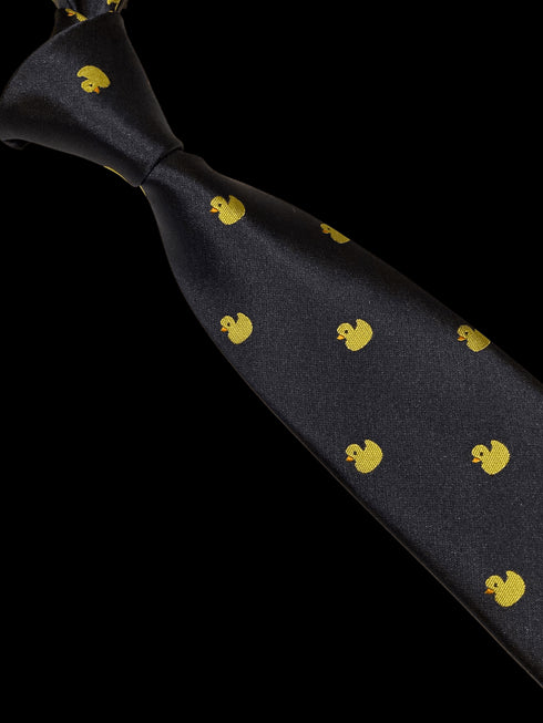 navy tie with embroidered yellow rubber duck design