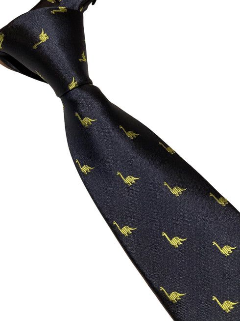 navy tie with embroidered diplodocus brontosaurus brachiosaurus dinosaur design