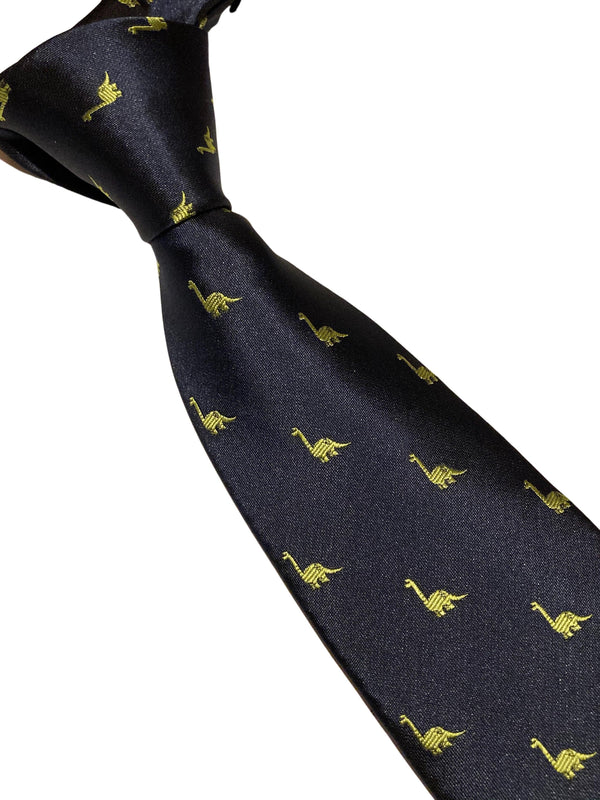 navy tie with embroidered diplodocus brontosaurus brachiosaurus dinosaur design