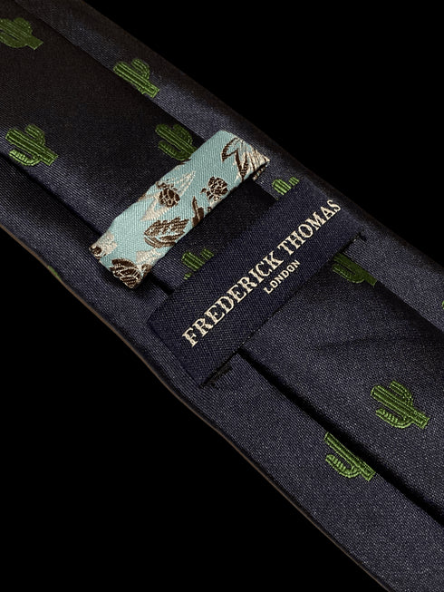 navy tie with embroidered cactus desert design