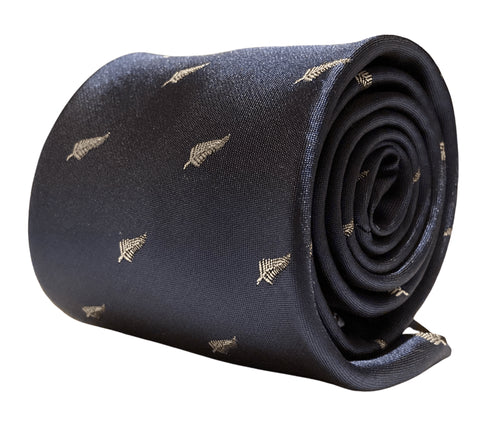 navy tie with embroidered New Zealand feather silver fern design