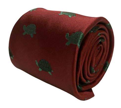maroon burgundy dark red tie with green turtle marine design