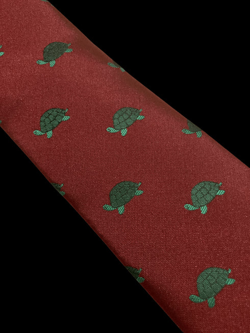 maroon burgundy dark red tie with green turtle marine design