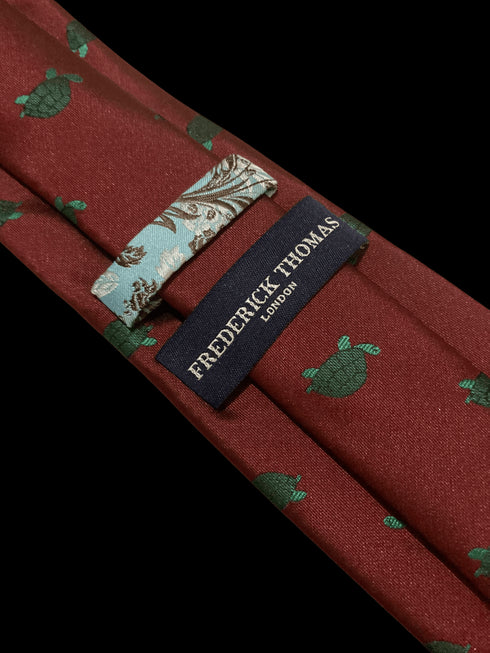 maroon burgundy dark red tie with green turtle marine design