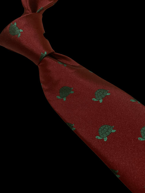 maroon burgundy dark red tie with green turtle marine design