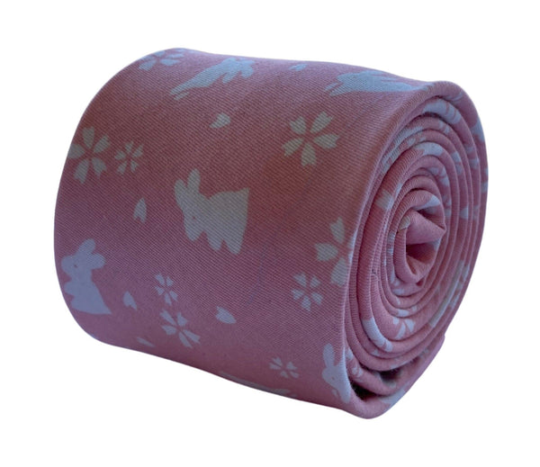 baby light pink cotton tie with white bunny rabbit design