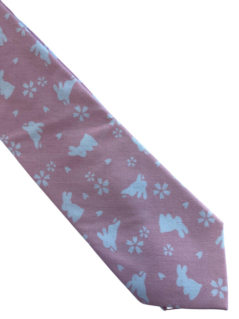 baby light pink cotton tie with white bunny rabbit design