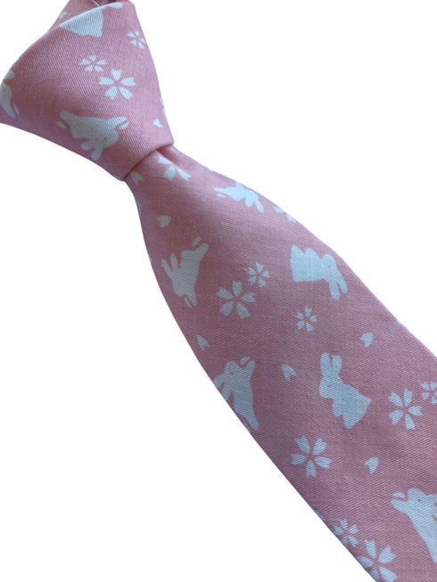 baby light pink cotton tie with white bunny rabbit design