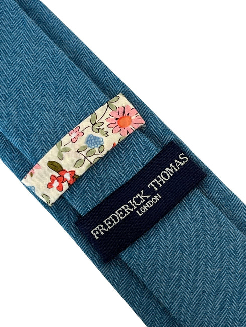petrol medium blue herringbone cotton mens tie