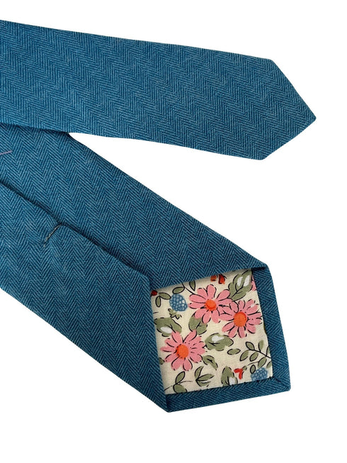 petrol medium blue herringbone cotton mens tie