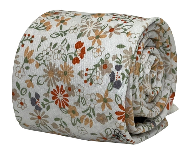 ivory white mens cotton tie with mustard yellow, red flower-s floral design