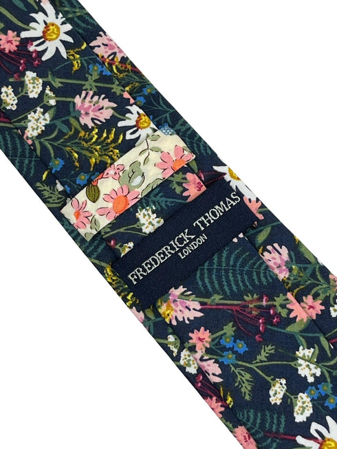 navy blue cotton tie with wild English flower garden floral design