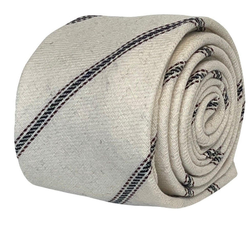 ivory cream cotton tie with navy and fine red stripe design