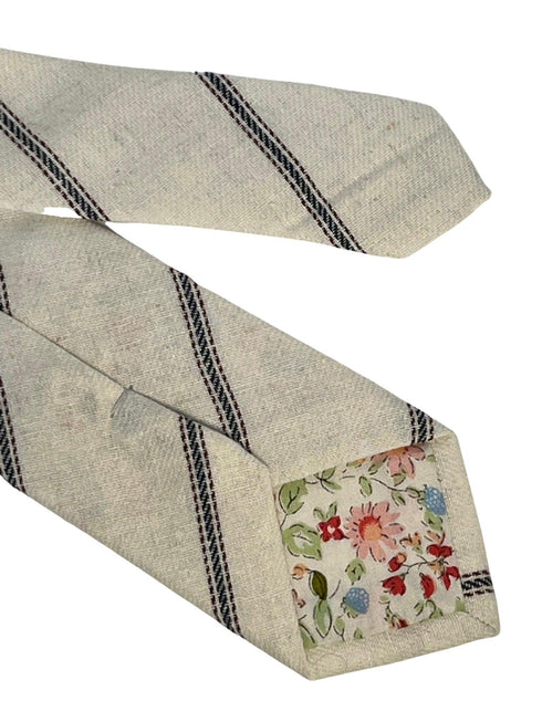 ivory cream cotton tie with navy and fine red stripe design