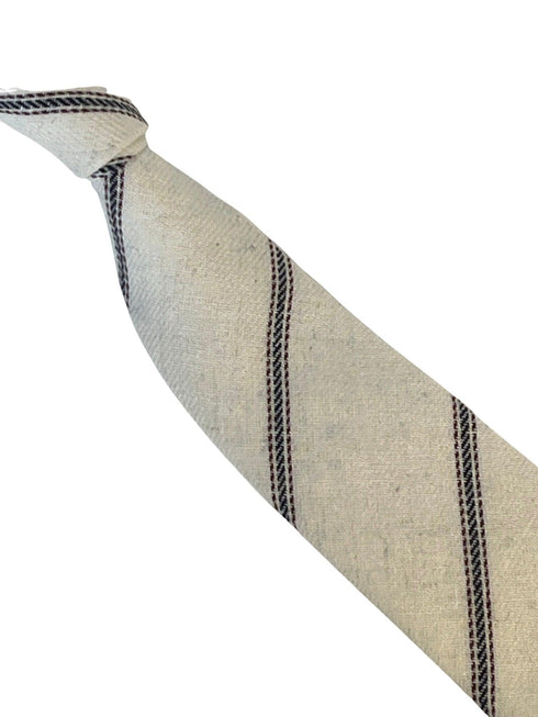 ivory cream cotton tie with navy and fine red stripe design