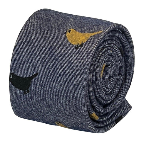 denim medium blue cotton tie with bird design