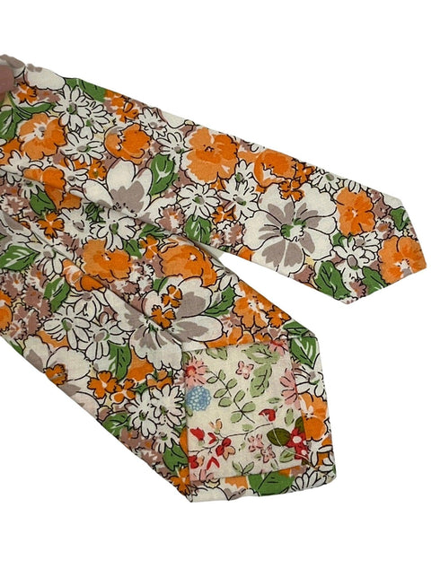 orange nasturtium and white petunia style cotton tie