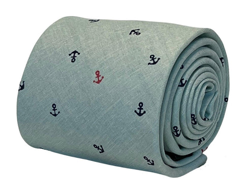 duck egg pale blue green cotton tie with nautical anchor design