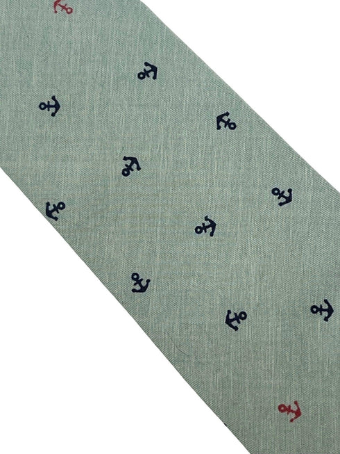duck egg pale blue green cotton tie with nautical anchor design