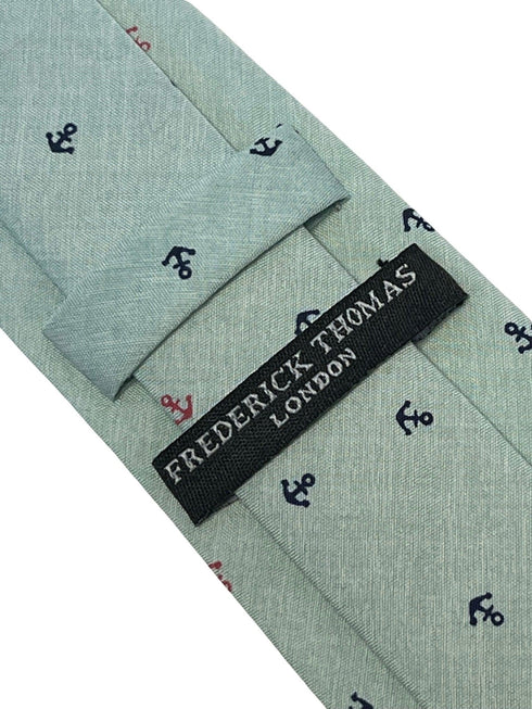 duck egg pale blue green cotton tie with nautical anchor design