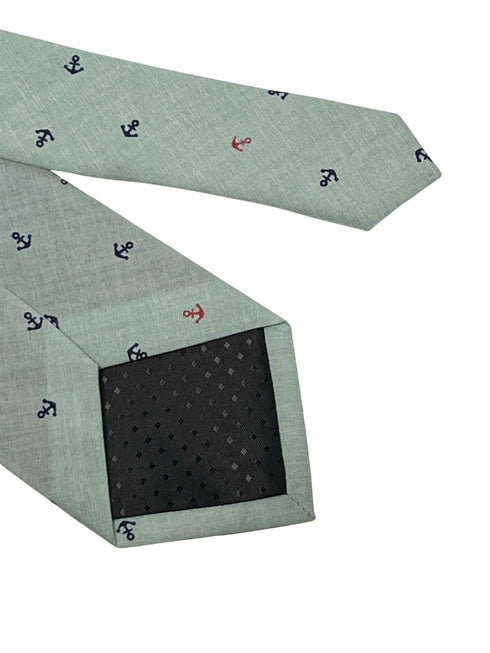 duck egg pale blue green cotton tie with nautical anchor design