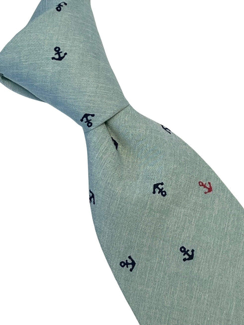 duck egg pale blue green cotton tie with nautical anchor design