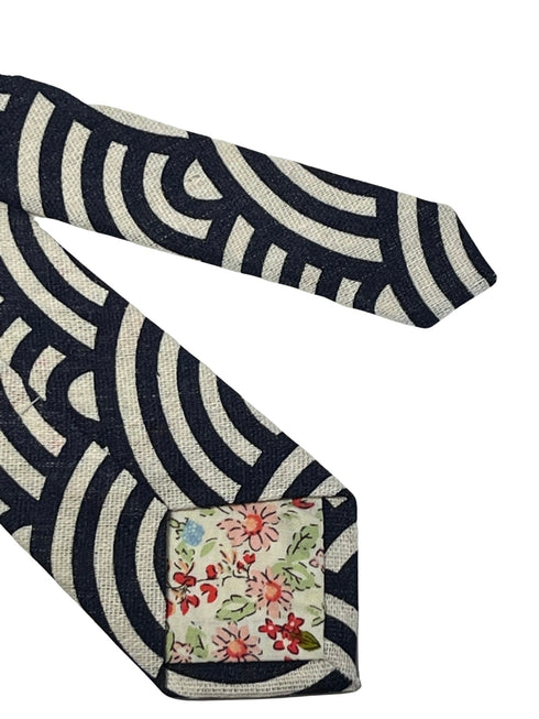 cream and navy blue rainbow design cotton mens tie