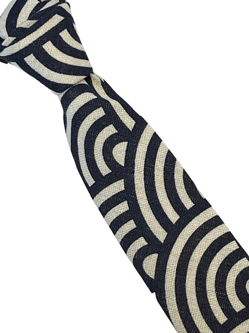 cream and navy blue rainbow design cotton mens tie